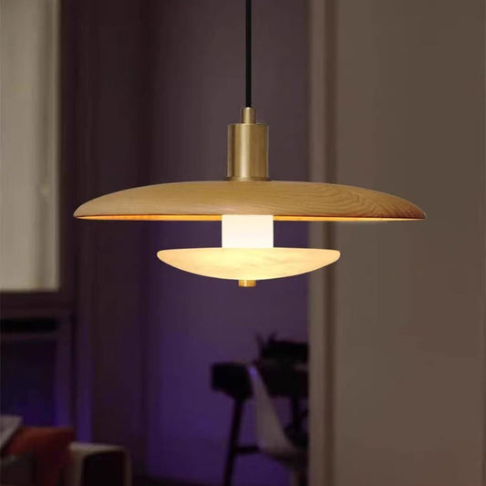Modern Minimalist Marble Solid Wood Flying Saucer 1-Light Pendant Light For Living Room