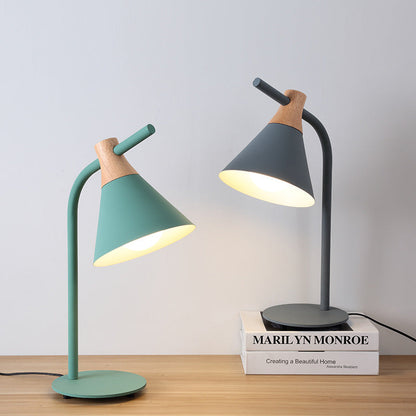 Contemporary Scandinavian Solid Wood Iron Conical Shade 1-Light Table Lamp For Bedroom