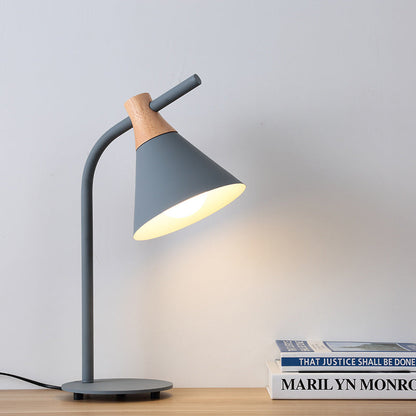 Contemporary Scandinavian Solid Wood Iron Conical Shade 1-Light Table Lamp For Bedroom