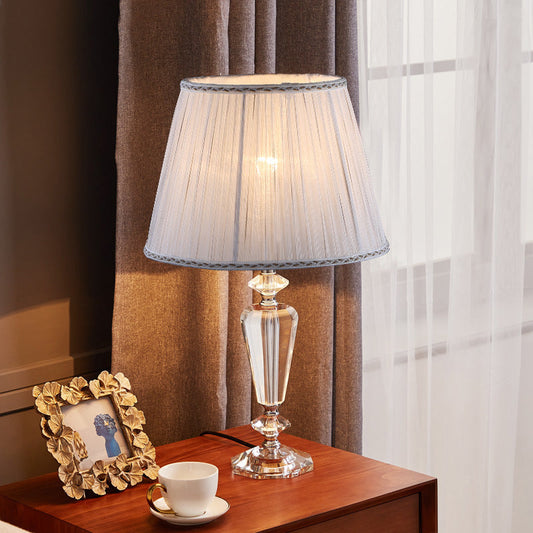 Traditional European Pleated Fabric Round Shade Crystal Base 1-Light Table Lamp For Bedroom