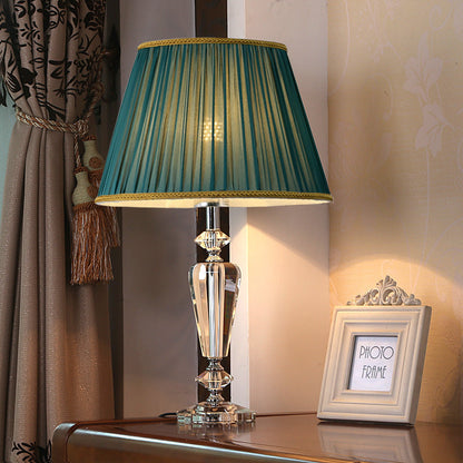 Traditional European Pleated Fabric Round Shade Crystal Base 1-Light Table Lamp For Bedroom