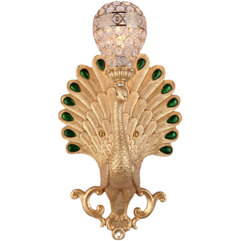 Traditional European Resin Simulation Carved Peacock Crystal Ball Shade 1-Light Wall Sconce Lamp For Living Room