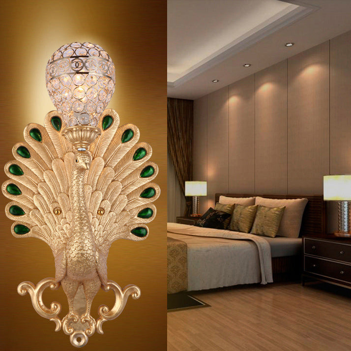 Traditional European Resin Simulation Carved Peacock Crystal Ball Shade 1-Light Wall Sconce Lamp For Living Room