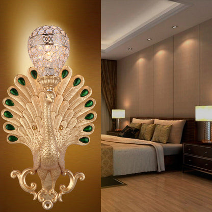 Traditional European Resin Simulation Carved Peacock Crystal Ball Shade 1-Light Wall Sconce Lamp For Living Room