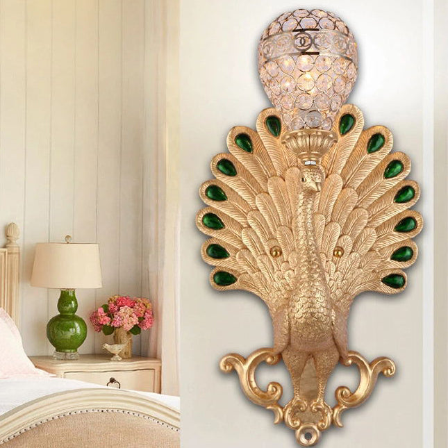 Traditional European Resin Simulation Carved Peacock Crystal Ball Shade 1-Light Wall Sconce Lamp For Living Room