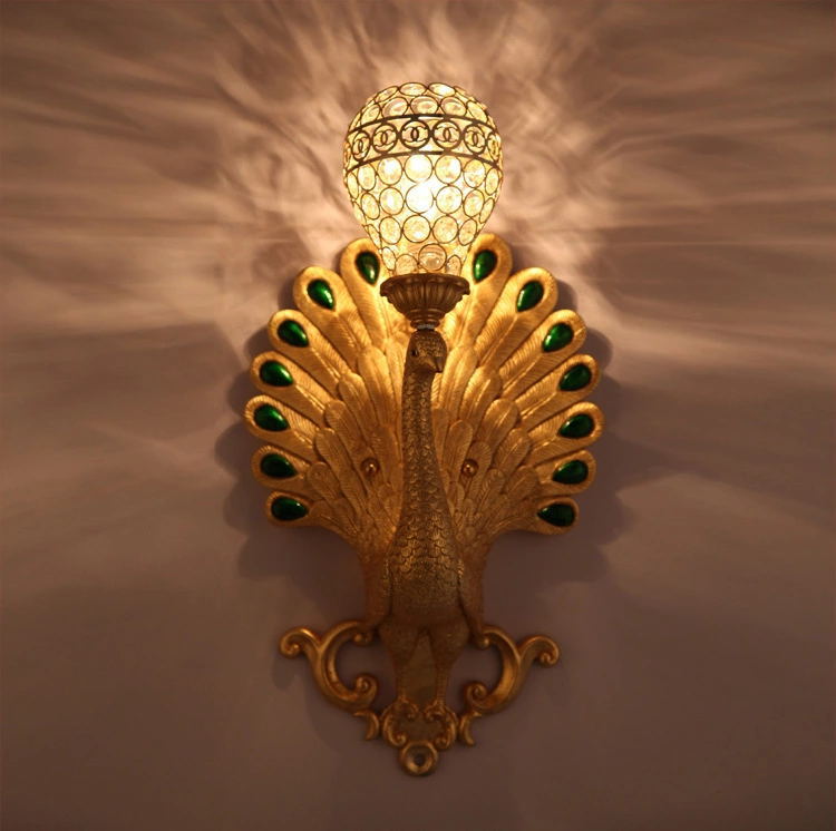 Traditional European Resin Simulation Carved Peacock Crystal Ball Shade 1-Light Wall Sconce Lamp For Living Room