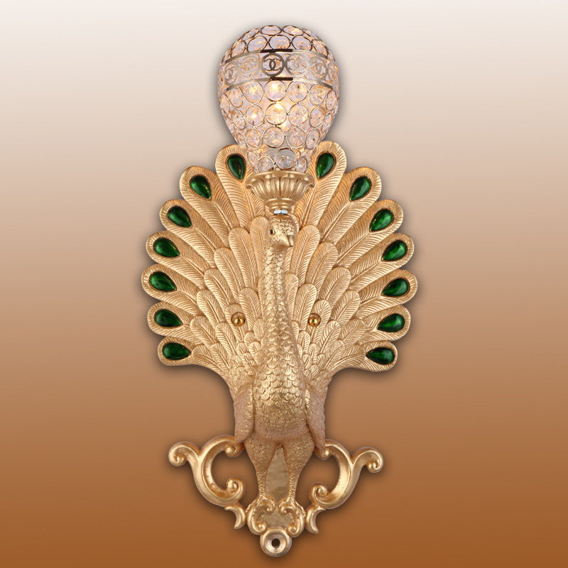 Traditional European Resin Simulation Carved Peacock Crystal Ball Shade 1-Light Wall Sconce Lamp For Living Room