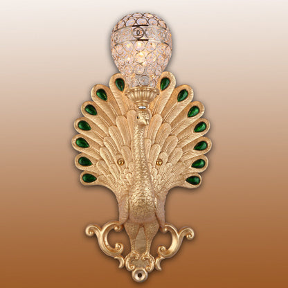Traditional European Resin Simulation Carved Peacock Crystal Ball Shade 1-Light Wall Sconce Lamp For Living Room