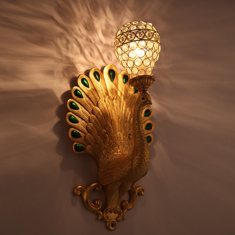 Traditional European Resin Simulation Carved Peacock Crystal Ball Shade 1-Light Wall Sconce Lamp For Living Room