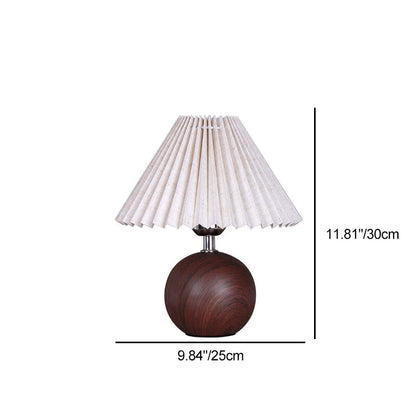 Contemporary Retro Pleated Fabric Conical Shade Walnut Wood Grain Base 1-Light Table Lamp For Bedroom