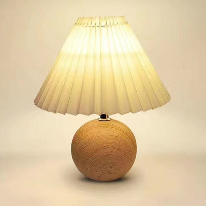 Contemporary Retro Pleated Fabric Conical Shade Walnut Wood Grain Base 1-Light Table Lamp For Bedroom