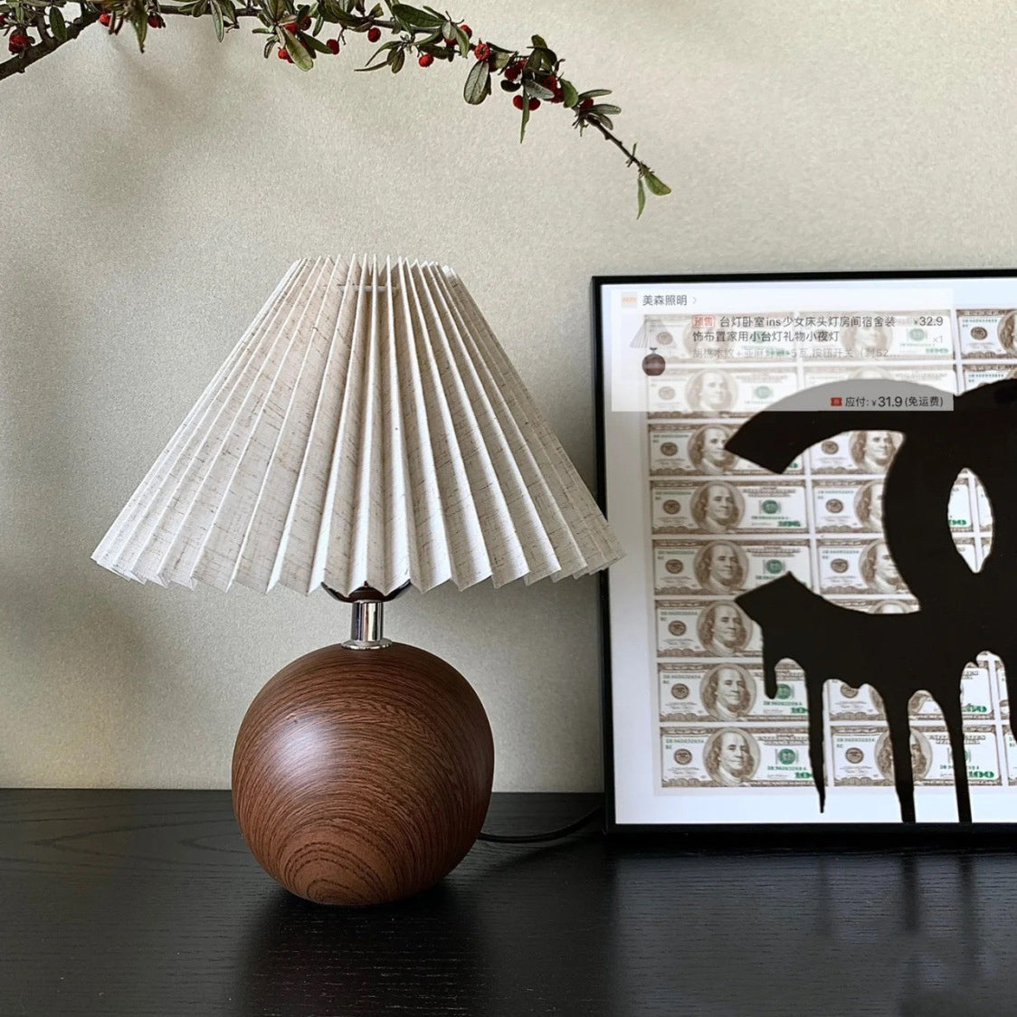 Contemporary Retro Pleated Fabric Conical Shade Walnut Wood Grain Base 1-Light Table Lamp For Bedroom