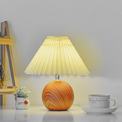 Contemporary Retro Pleated Fabric Conical Shade Walnut Wood Grain Base 1-Light Table Lamp For Bedroom