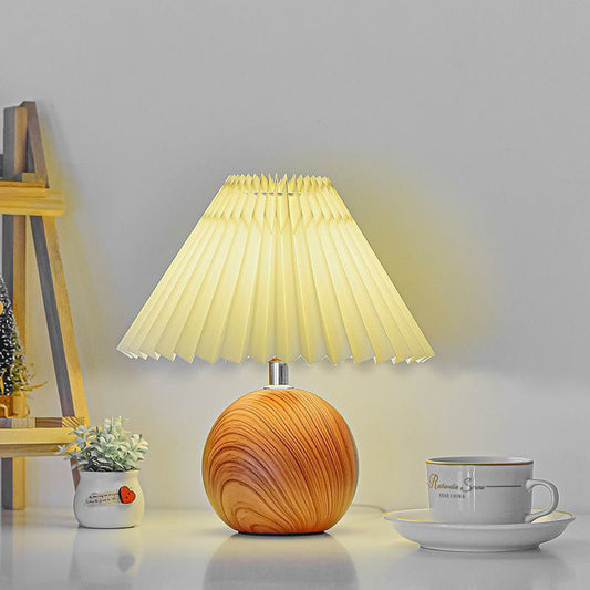 Contemporary Retro Pleated Fabric Conical Shade Walnut Wood Grain Base 1-Light Table Lamp For Bedroom