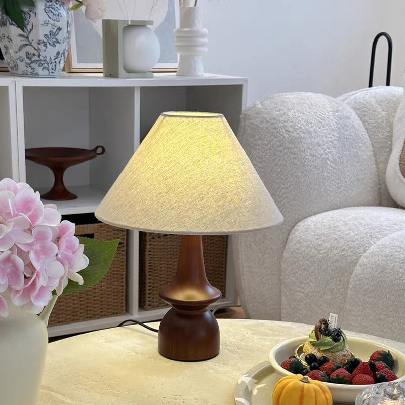 Traditional Vintage Fabric Conical Shade Solid Wood Base 1-Light Table Lamp For Bedroom