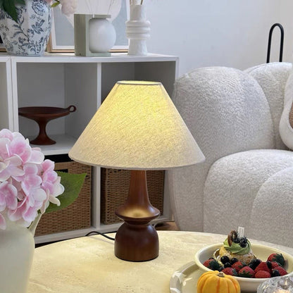 Traditional Vintage Fabric Conical Shade Solid Wood Base 1-Light Table Lamp For Bedroom