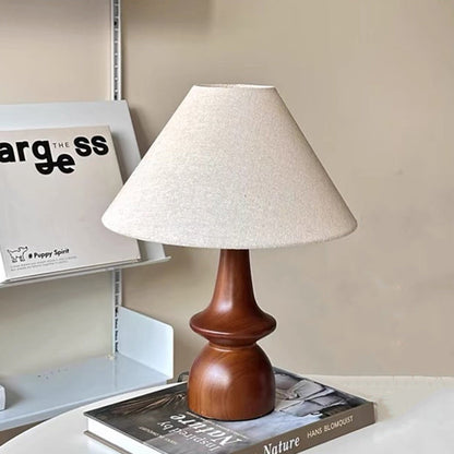 Traditional Vintage Fabric Conical Shade Solid Wood Base 1-Light Table Lamp For Bedroom