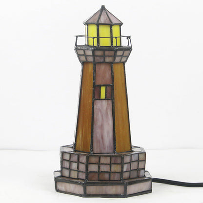 Traditional Tiffany Stained Glass Lighthouse Hardware 1-Light Table Lamp For Bedroom