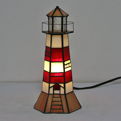 Traditional Tiffany Stained Glass Lighthouse Hardware 1-Light Table Lamp For Bedroom
