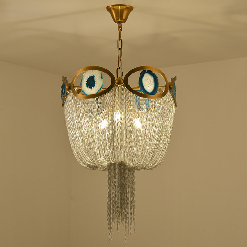Contemporary Creative Round Agate Bead Aluminum Chain 3-Light Chandelier For Living Room