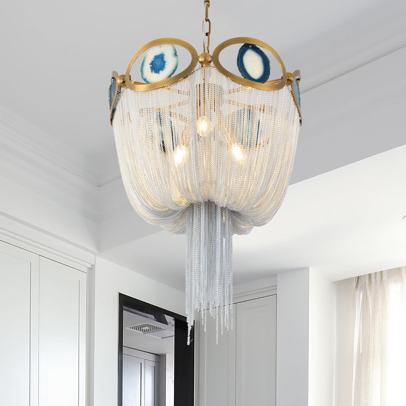 Contemporary Creative Round Agate Bead Aluminum Chain 3-Light Chandelier For Living Room