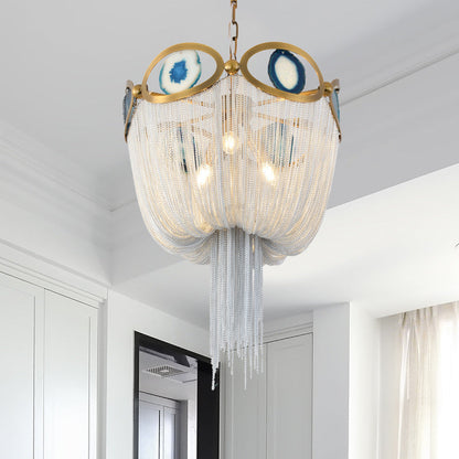 Contemporary Creative Round Agate Bead Aluminum Chain 3-Light Chandelier For Living Room