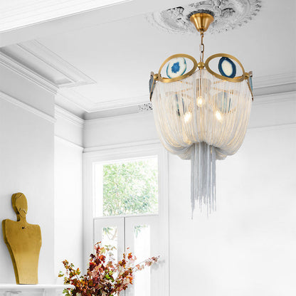 Contemporary Creative Round Agate Bead Aluminum Chain 3-Light Chandelier For Living Room