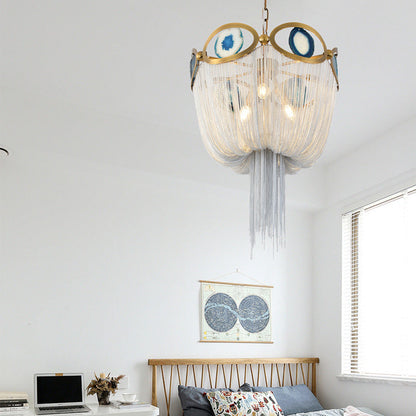 Contemporary Creative Round Agate Bead Aluminum Chain 3-Light Chandelier For Living Room