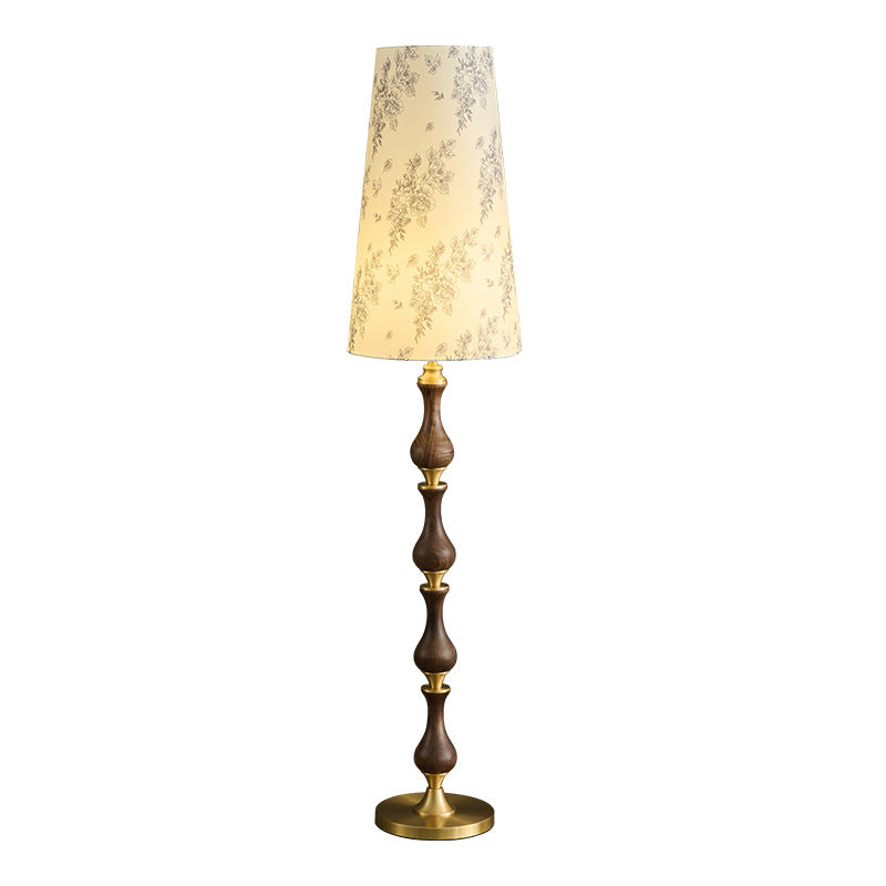 Traditional Vintage Printed Fabric Shade Copper Solid Wood Base 1-Light Standing Floor Lamp For Bedroom