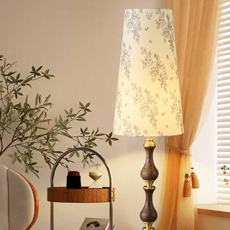 Traditional Vintage Printed Fabric Shade Copper Solid Wood Base 1-Light Standing Floor Lamp For Bedroom