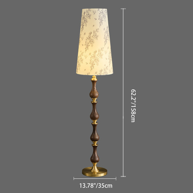 Traditional Vintage Printed Fabric Shade Copper Solid Wood Base 1-Light Standing Floor Lamp For Bedroom