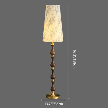 Traditional Vintage Printed Fabric Shade Copper Solid Wood Base 1-Light Standing Floor Lamp For Bedroom