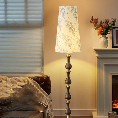 Traditional Vintage Printed Fabric Shade Copper Solid Wood Base 1-Light Standing Floor Lamp For Bedroom