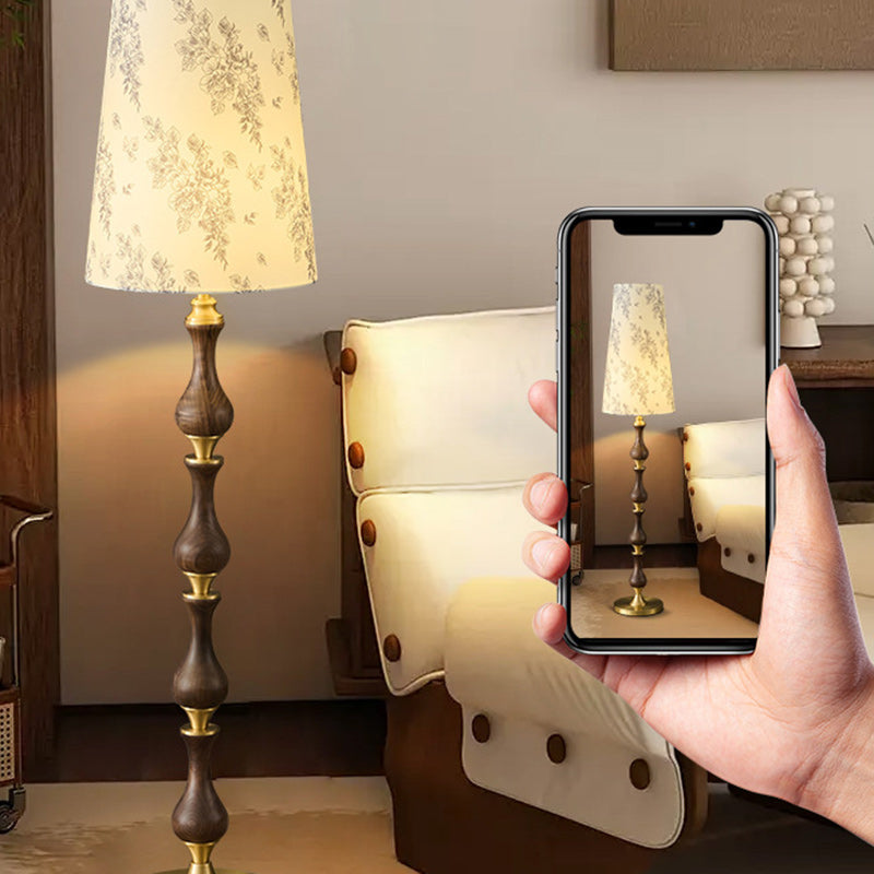 Traditional Vintage Printed Fabric Shade Copper Solid Wood Base 1-Light Standing Floor Lamp For Bedroom