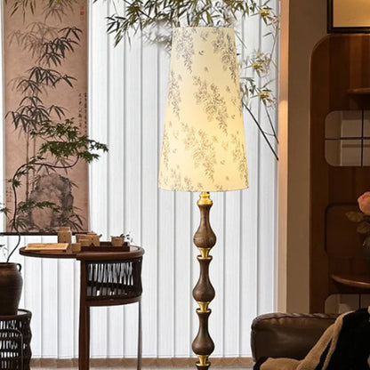 Traditional Vintage Printed Fabric Shade Copper Solid Wood Base 1-Light Standing Floor Lamp For Bedroom