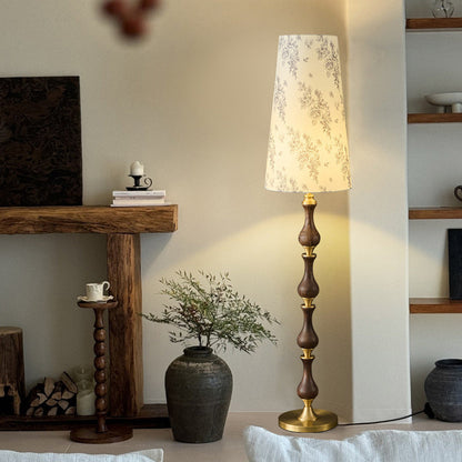 Traditional Vintage Printed Fabric Shade Copper Solid Wood Base 1-Light Standing Floor Lamp For Bedroom
