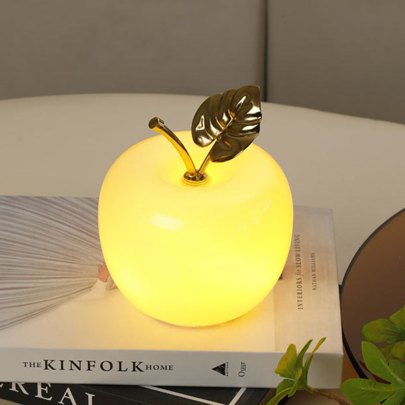 Contemporary Creative Apple Glass Shade Iron Golden Leaf Decoration LED Night Light Table Lamp For Bedroom