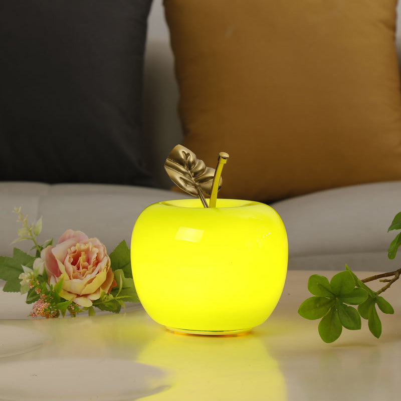 Contemporary Creative Apple Glass Shade Iron Golden Leaf Decoration LED Night Light Table Lamp For Bedroom