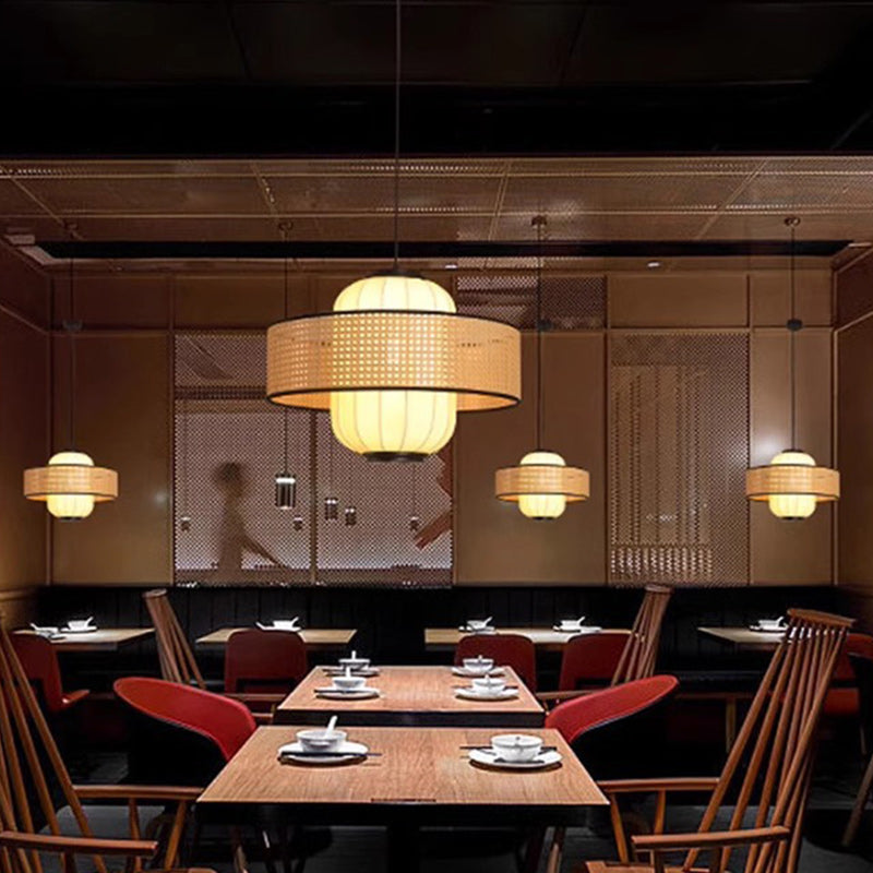 Traditional Japanese Rattan Woven Ring Fabric Cylinder Shade 1-Light Pendant Light For Living Room