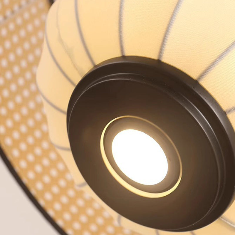Traditional Japanese Rattan Woven Ring Fabric Cylinder Shade 1-Light Pendant Light For Living Room