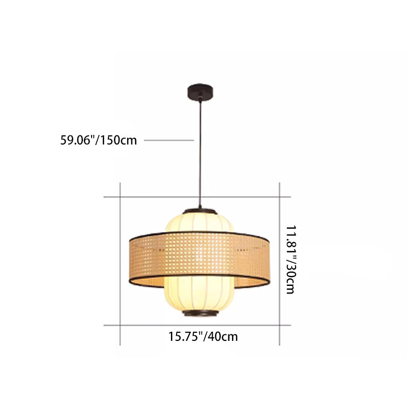 Traditional Japanese Rattan Woven Ring Fabric Cylinder Shade 1-Light Pendant Light For Living Room