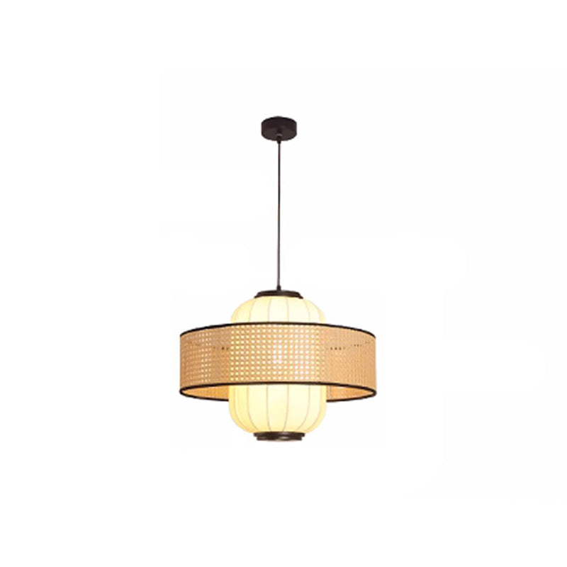 Traditional Japanese Rattan Woven Ring Fabric Cylinder Shade 1-Light Pendant Light For Living Room