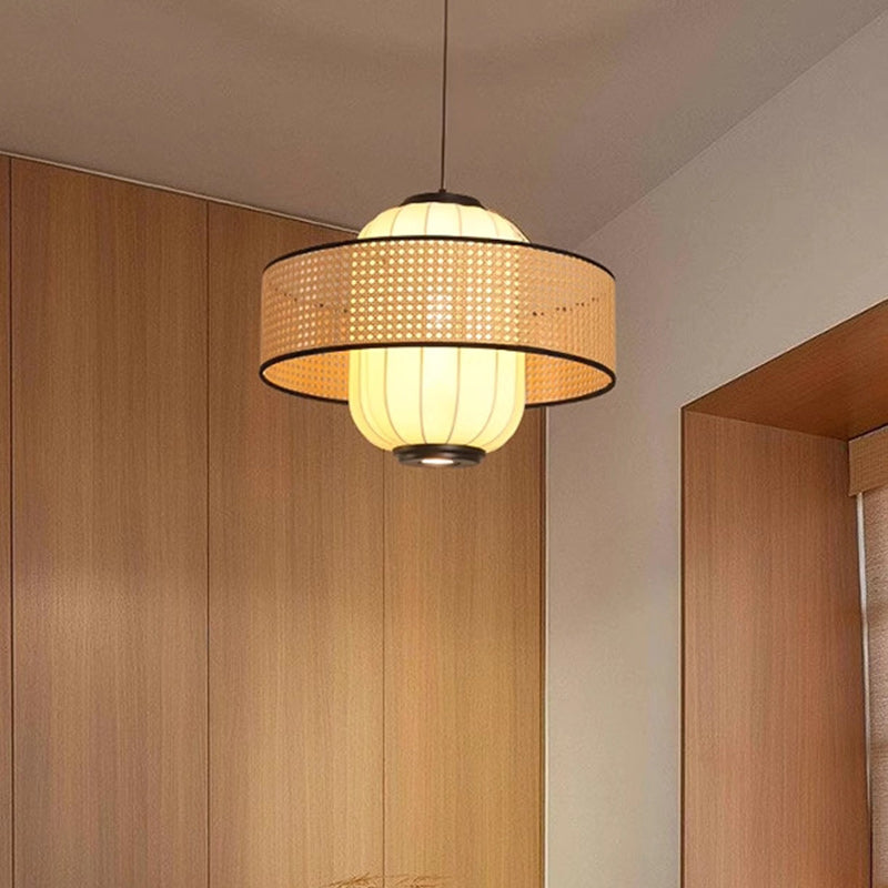 Traditional Japanese Rattan Woven Ring Fabric Cylinder Shade 1-Light Pendant Light For Living Room