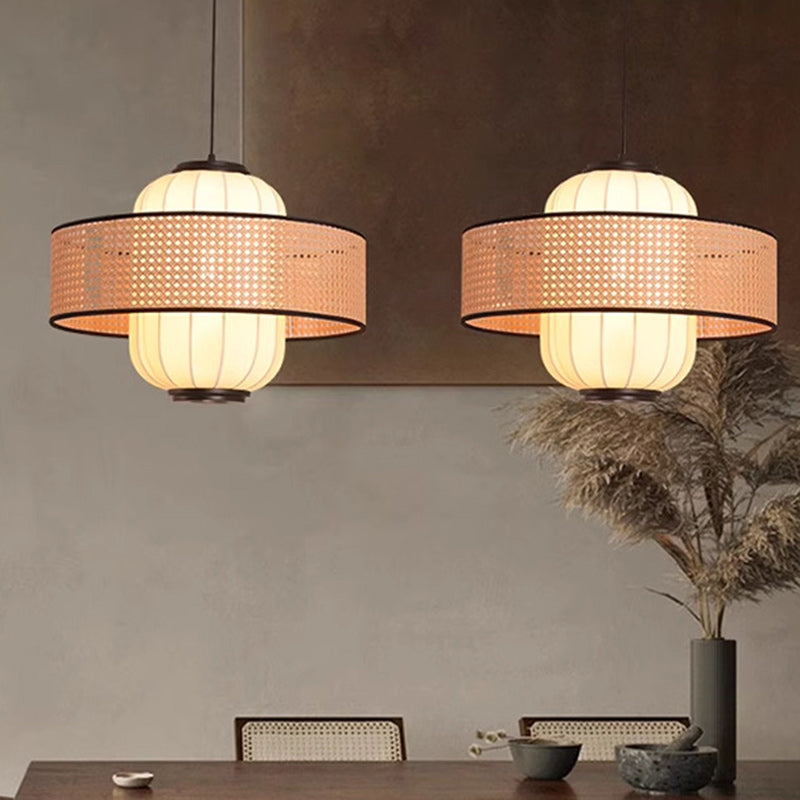 Traditional Japanese Rattan Woven Ring Fabric Cylinder Shade 1-Light Pendant Light For Living Room