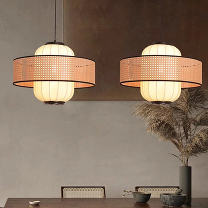 Traditional Japanese Rattan Woven Ring Fabric Cylinder Shade 1-Light Pendant Light For Living Room