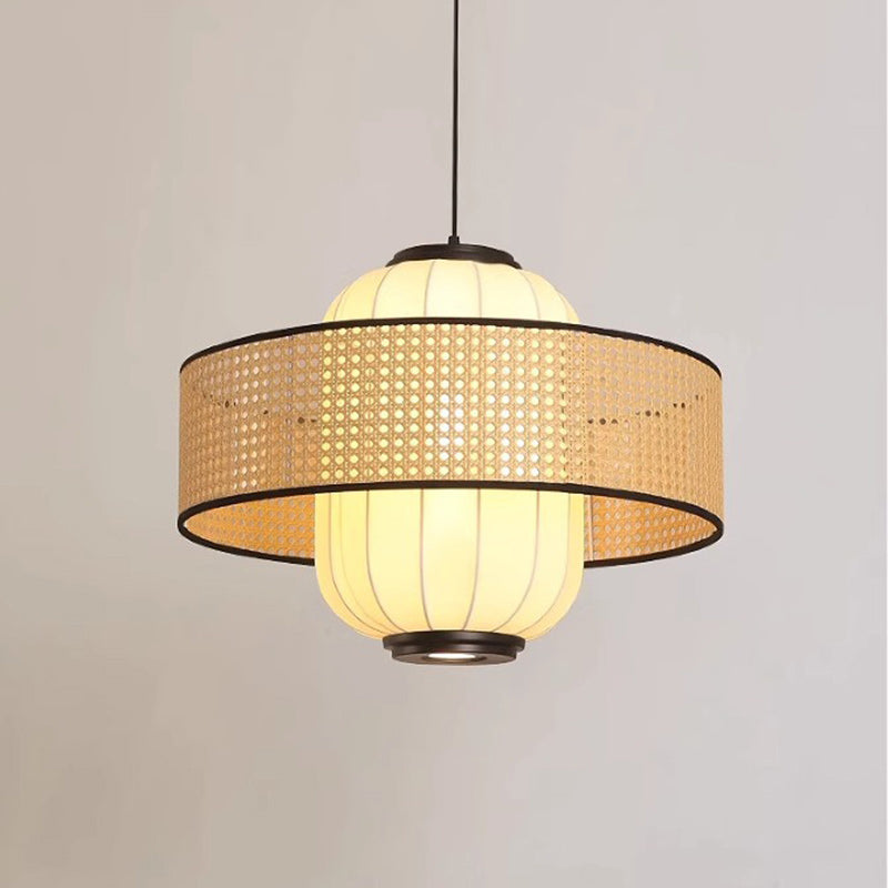 Traditional Japanese Rattan Woven Ring Fabric Cylinder Shade 1-Light Pendant Light For Living Room