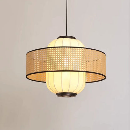 Traditional Japanese Rattan Woven Ring Fabric Cylinder Shade 1-Light Pendant Light For Living Room