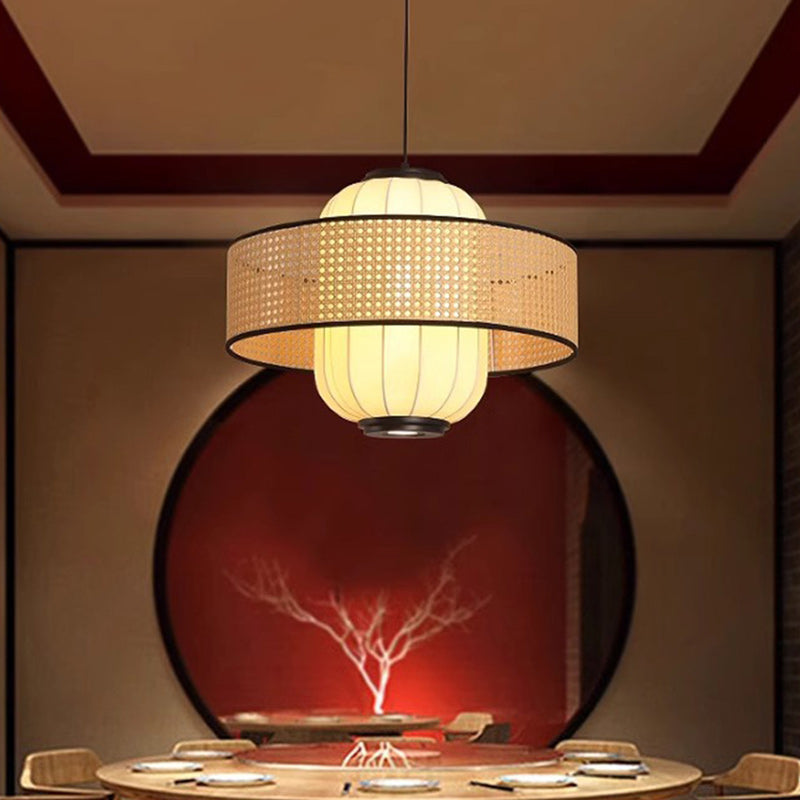 Traditional Japanese Rattan Woven Ring Fabric Cylinder Shade 1-Light Pendant Light For Living Room