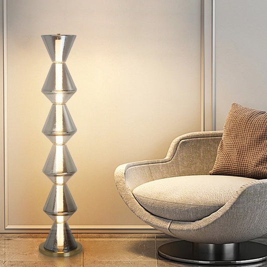 Contemporary Nordic Iron Geometric Cone-Stacked Water Ripple Glass LED Standing Floor Lamp For Bedroom