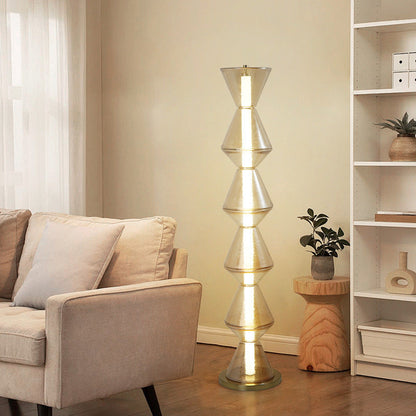 Contemporary Nordic Iron Geometric Cone-Stacked Water Ripple Glass LED Standing Floor Lamp For Bedroom